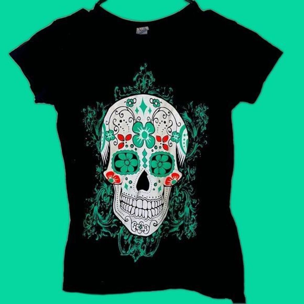 Sugar Skull Black Graphic T-shirt kids SMALL Day of the‎ Dead Dia de los Muertos